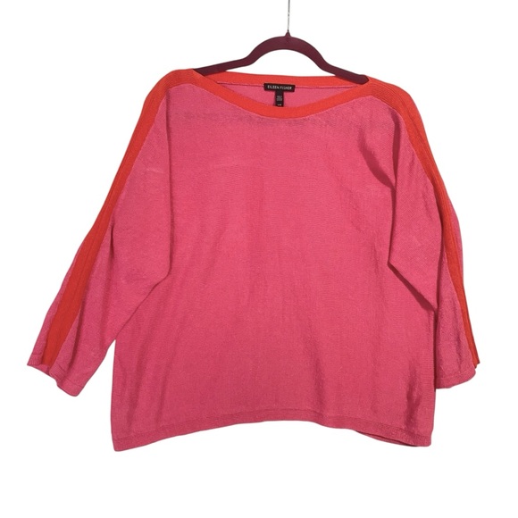 Eileen Fisher Organic‎ Cotton Knit Bateau Neck 1/2 Sleeve Top Sz L Summer Preppy